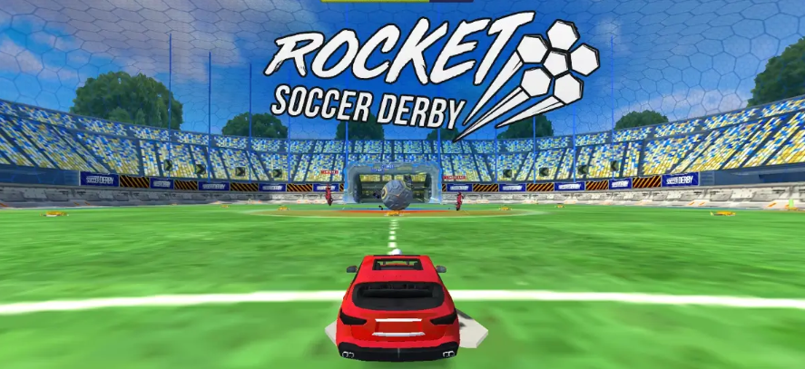 Rocket Soccer Derby gameplay screenshot showing a car hitting the ball